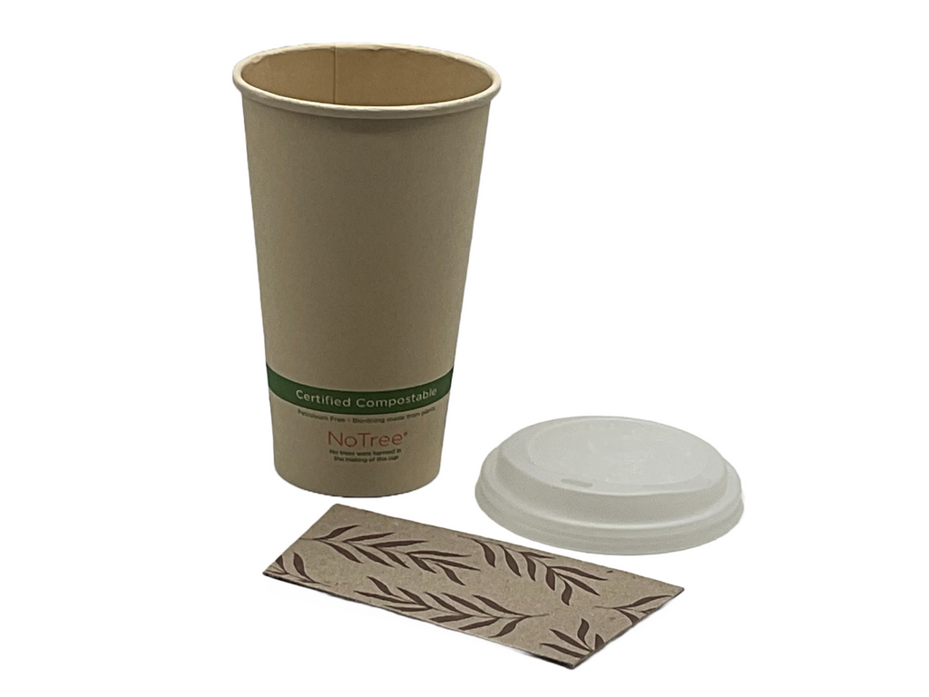 16 oz Compostable NoTree Hot Cups, sleeves and lids, Retail Pack