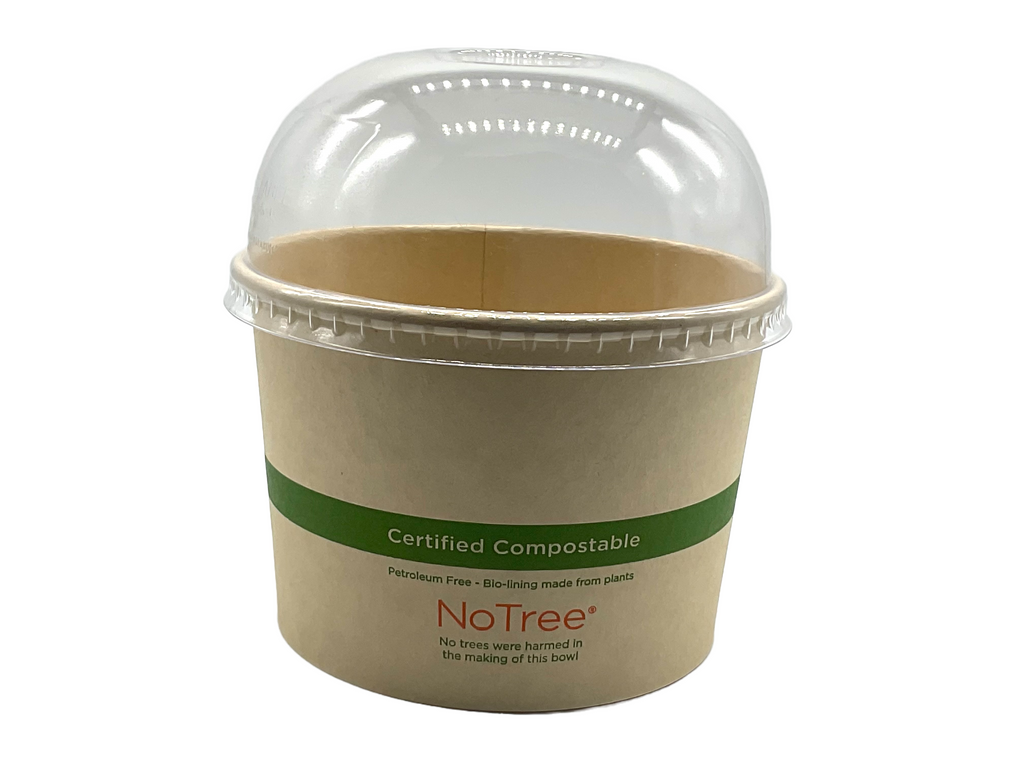 8 oz. Certified Compostable NoTree Fiber Bowl shown with PLA Doomed Lid