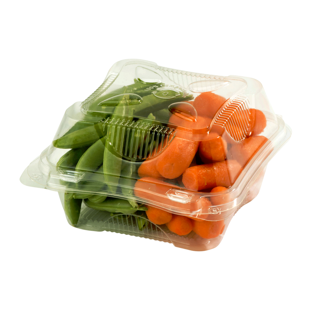 Wolrd Centric Compostable PLA 6x6x3 Clear Hinged Clamshell Container shown with veggies.
