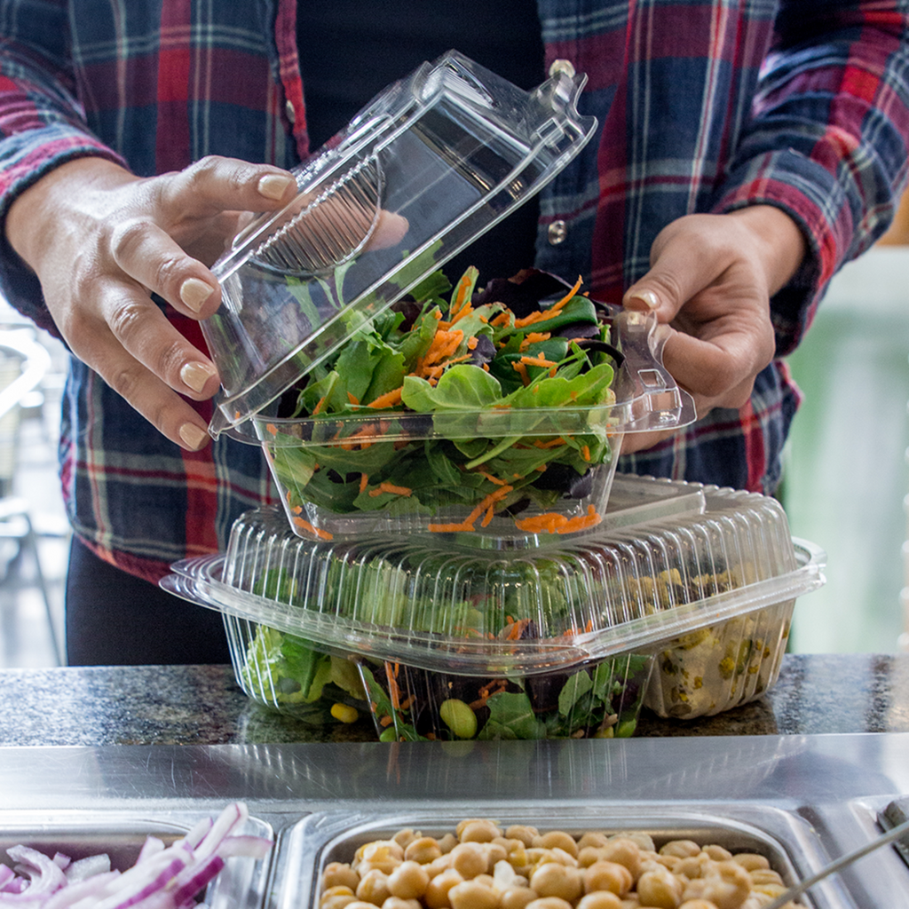 World Centric Compostable PLA 6x6x3 Clear Hinged Clamshell shown with salad.