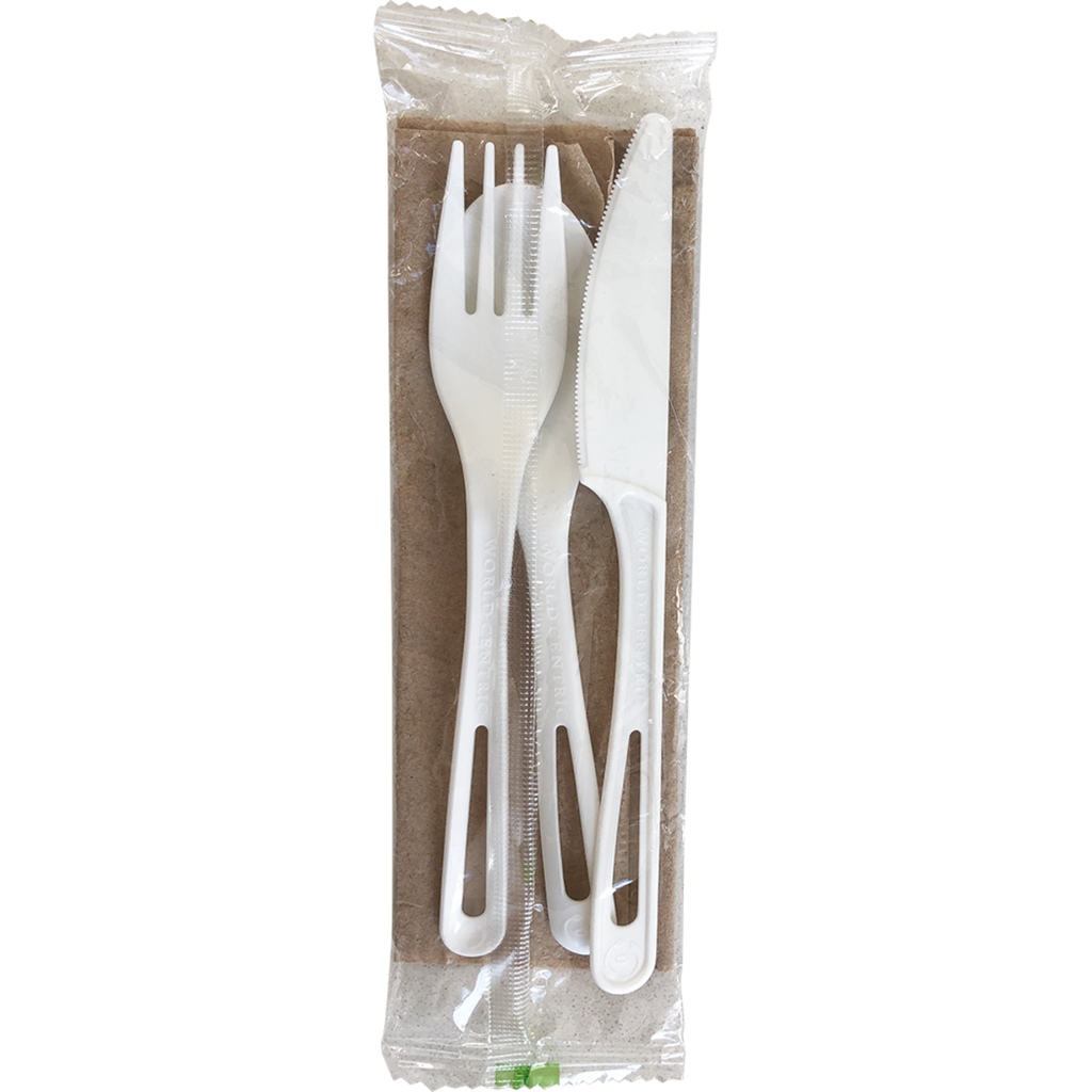 TPLA Certified Compostable Ribbed Wrapped Utensil Set and Unbleached Napkin