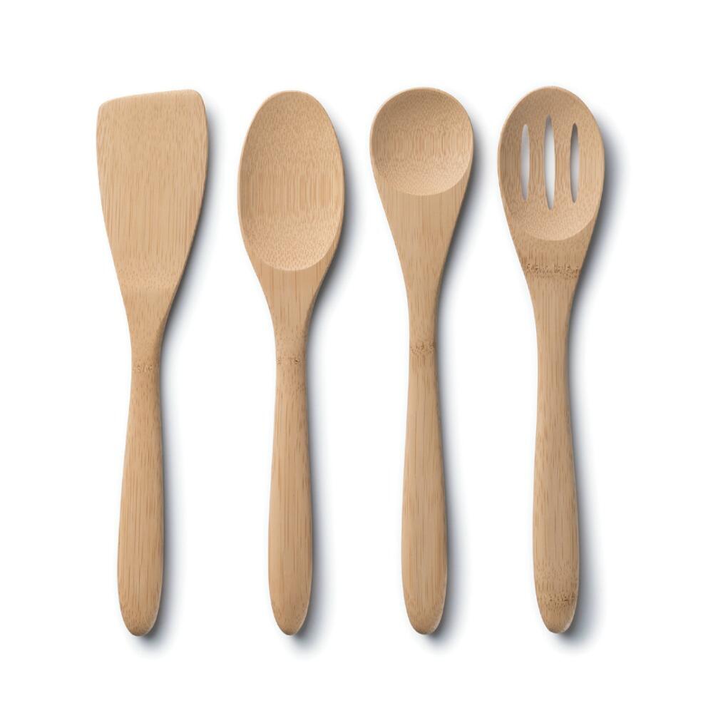 Organic Bamboo Cooking Utensils includes sauce spoon, slotted spoon, spatula and mixing spoon