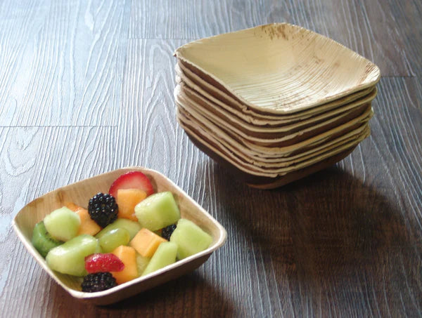 Disposable 5x5-inch Square Palm Leaf Bowl shown with fruit