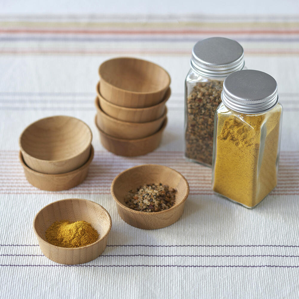 Organic Bamboo Mini Condiment Cups, set of four, shown with spices