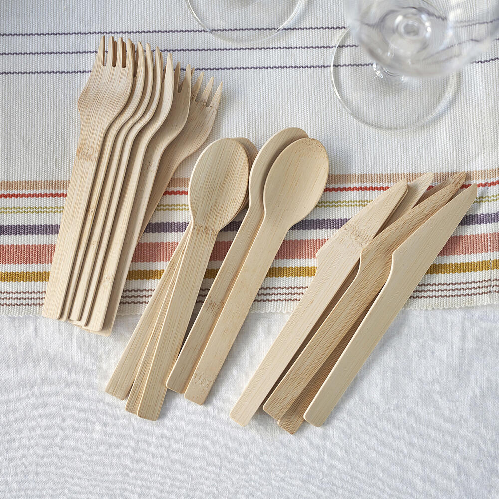 6.5-inch Disposable Bamboo Forks, Knives and Spoons shown on a table