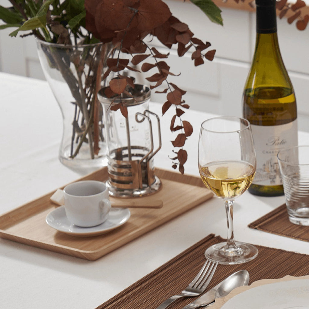 Organic Bamboo Small Rectangular Serving Tray shown at Dinner