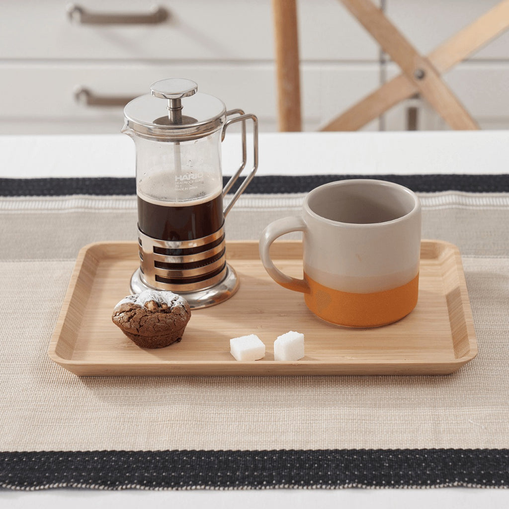 Organic Bamboo Small Rectangular Serving Tray shown with French Press and Coffee Cup