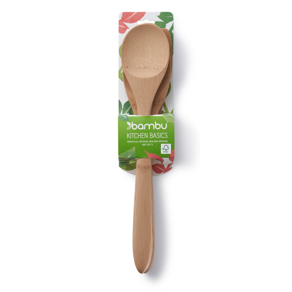Organic Bamboo 3 Piece Kitchen Cooking Utensil Set, shown in packaging