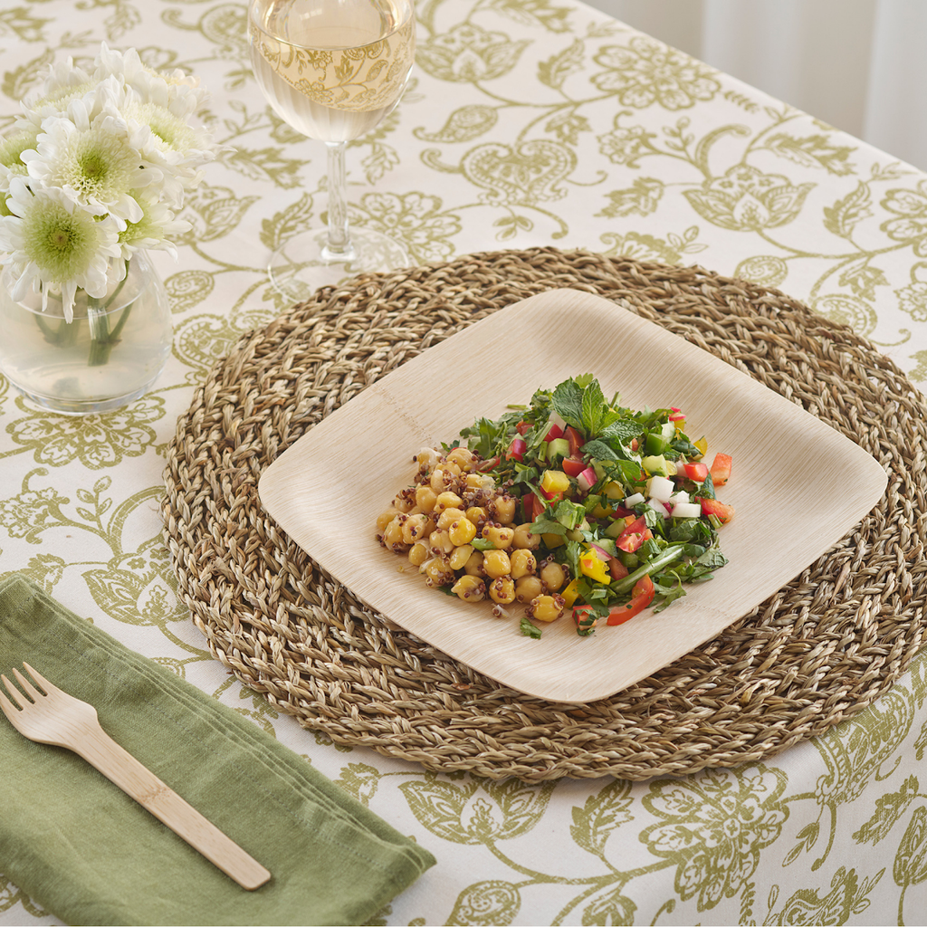 9 Inch Organic Bamboo Disposable Square Plate shown with Salad