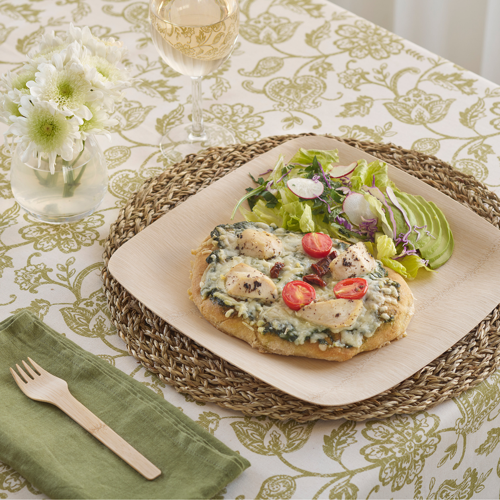 11 Inch Organic Bamboo Disposable Square Plate shown with Entree