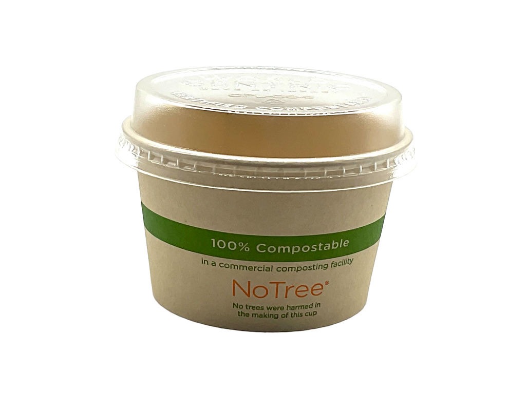4 oz Certified Compostable NoTree Fiber Round Bowl shown with 4 oz clear raised lid