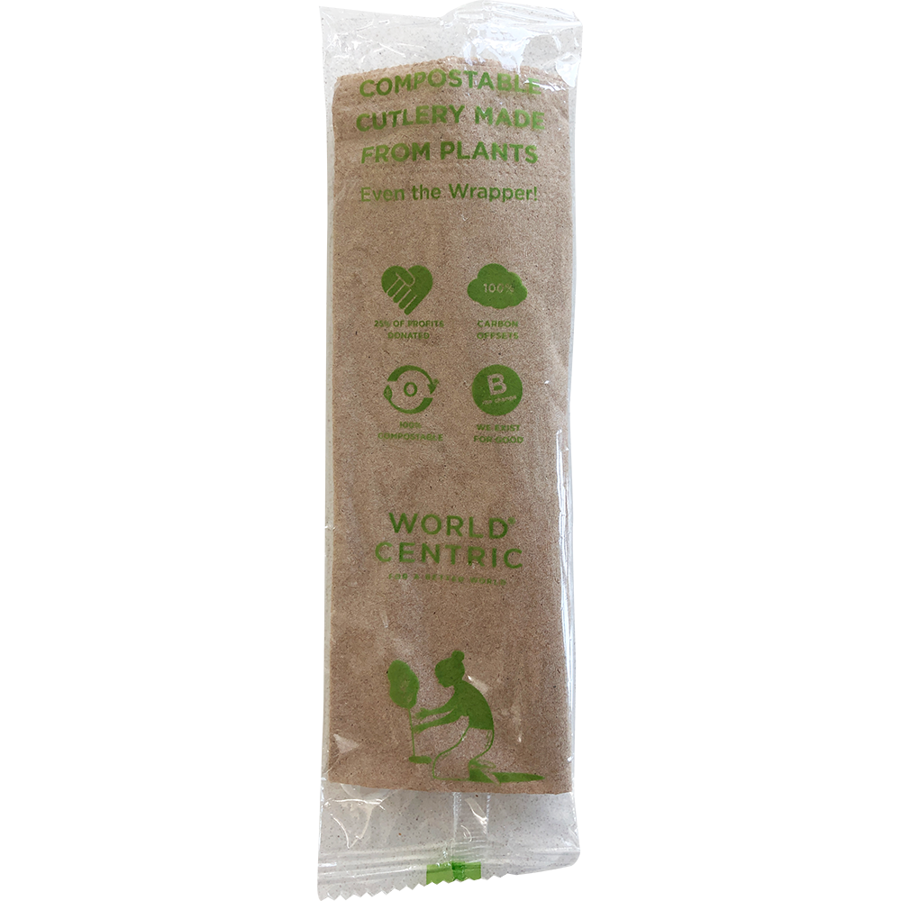 World Centric Wrapped Compostable Cutlery set showing back of packaging