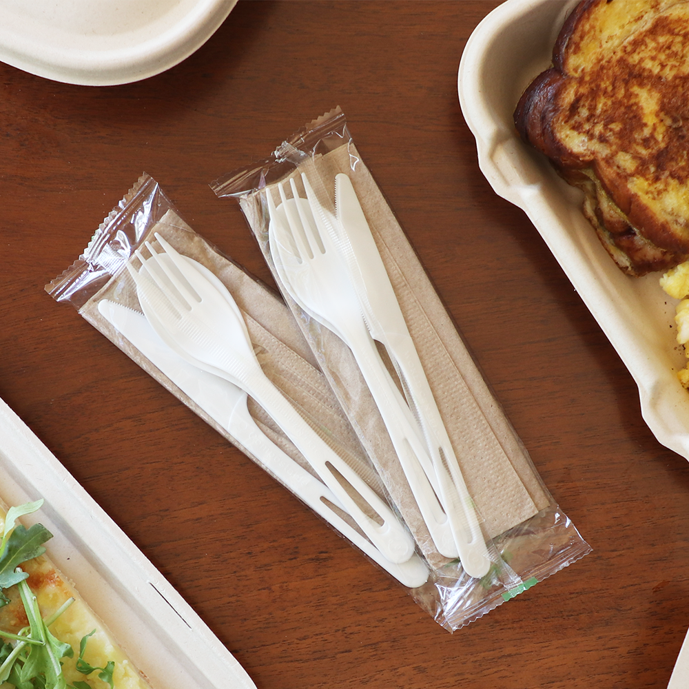 World Centric Wrapped Compostable Cutlery Set includes knife, fork, spoon and napkin