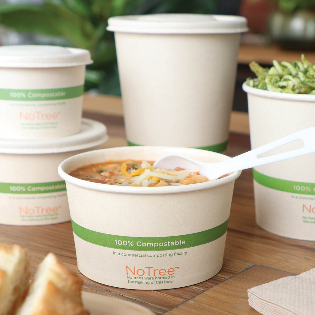 World Centric Compostable Fiber NoTree 12 oz Bowl Shown with food
