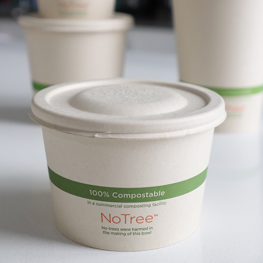 World Centric Certified Compostable Fiber Lid to fit 12-32 oz NoTree Fiber Bowls, low profile, shown with bowl.