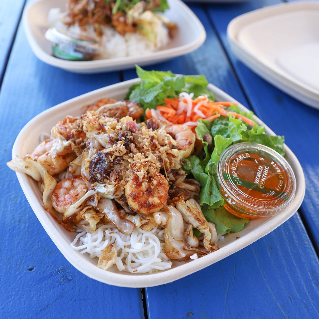 World Centric 24 oz Compostable Fiber Square Bowl shown with noodle  dish.