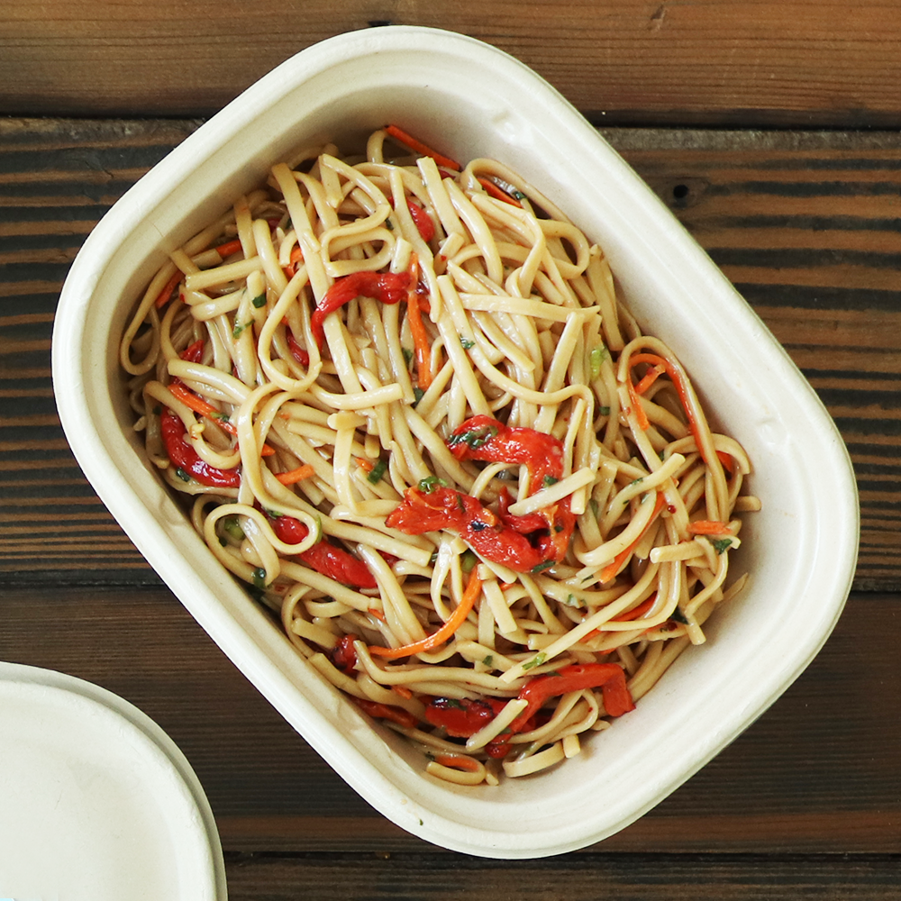World Centric Compostable 48 oz Fiber Box shown with noodles
