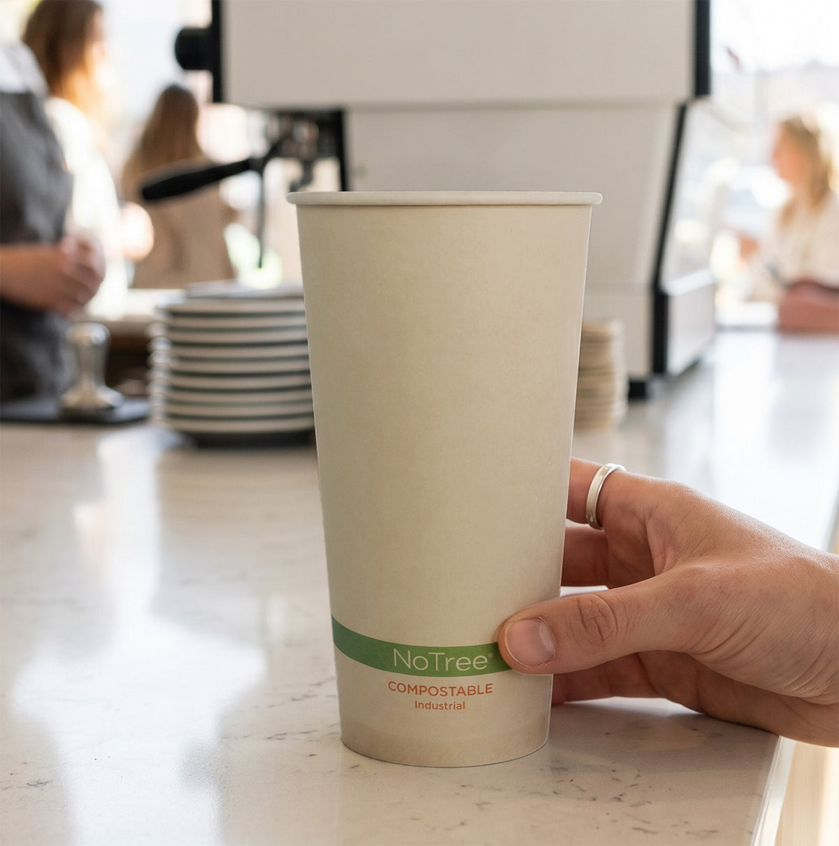 World Centric NoTree Paper Compostable Cup shown on Counter