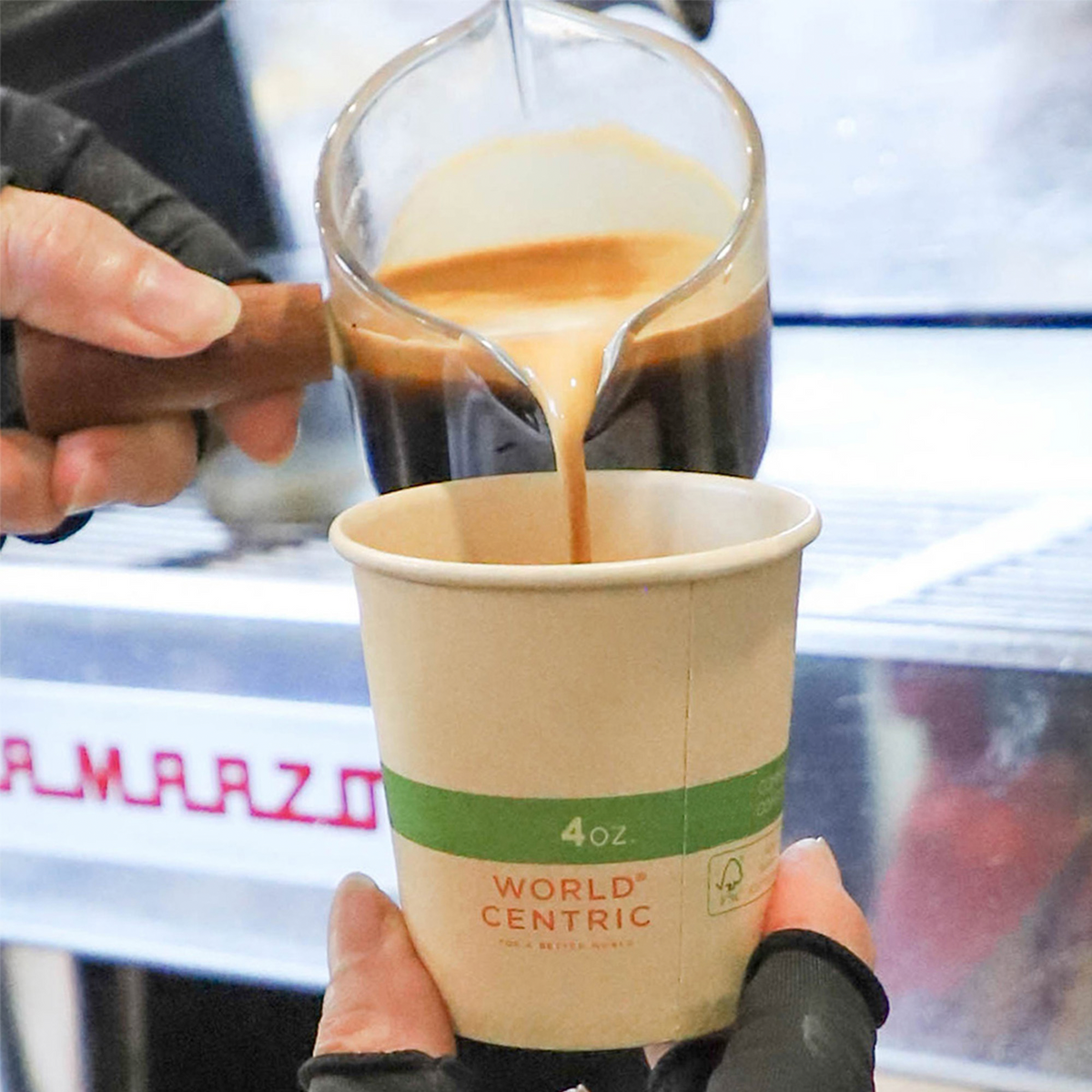 World Centric Compostable 4 oz NoTree Paper Hot Cup shown with espresso.
