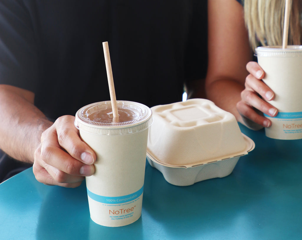 World Centric Compostable NoTree Fiber Cold Cups shown with straw and take out container.
