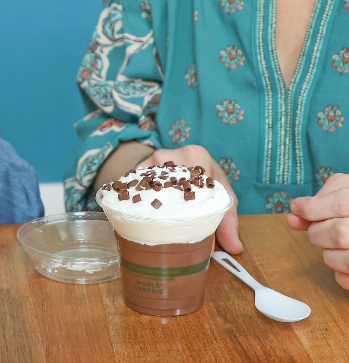 World Centric Compostable PLA 10 oz Clear Cold Cup shown with Parfait Pudding.