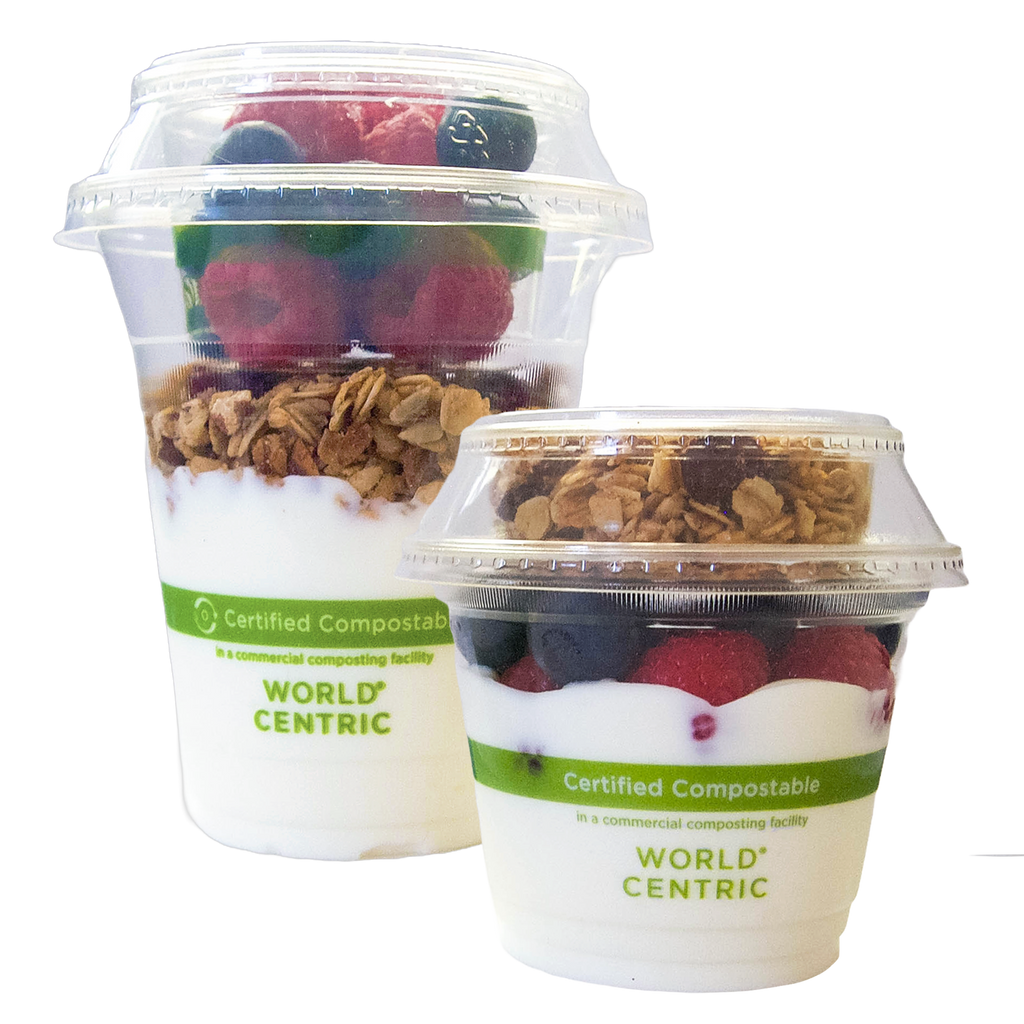 World Centric Compostable PLA Flat 2 oz Clear Portion Cup shown as used in a Parfait
