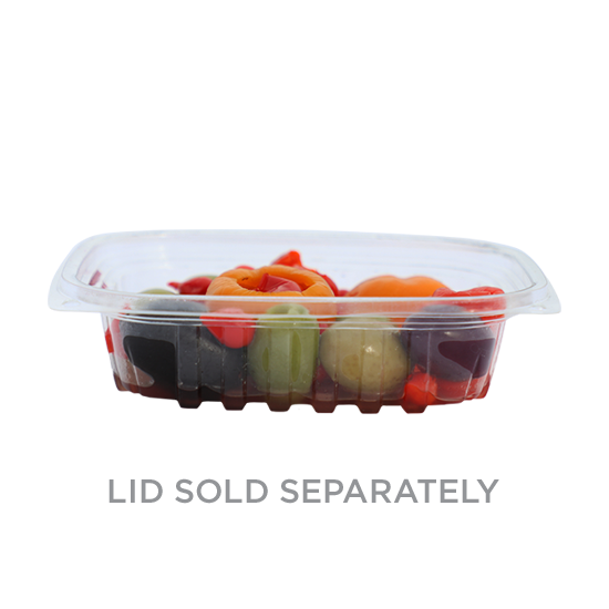 8 oz Clear Rectangular Compostable Deli Container shown with olives and veggies.    Lid sold seperately. 