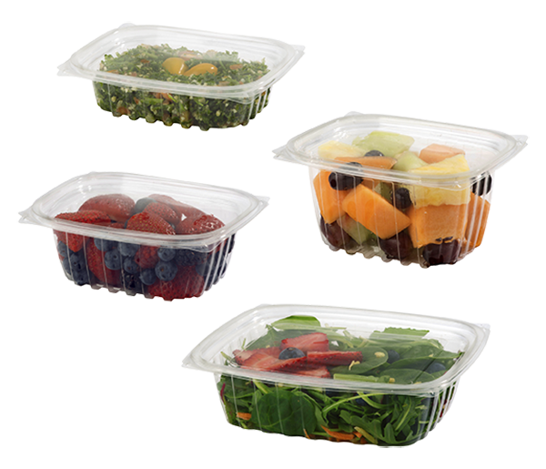 World Centric PLA Compostable Rectangular Containers shown in various sizes stylized with food.