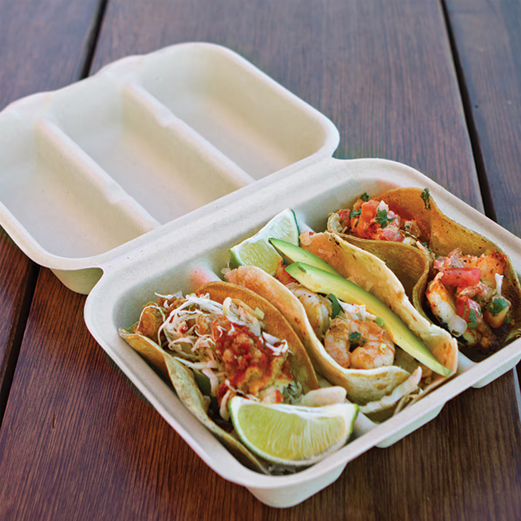 World Centric 3-Compartment Compostable Fiber Taco Box shown with food
