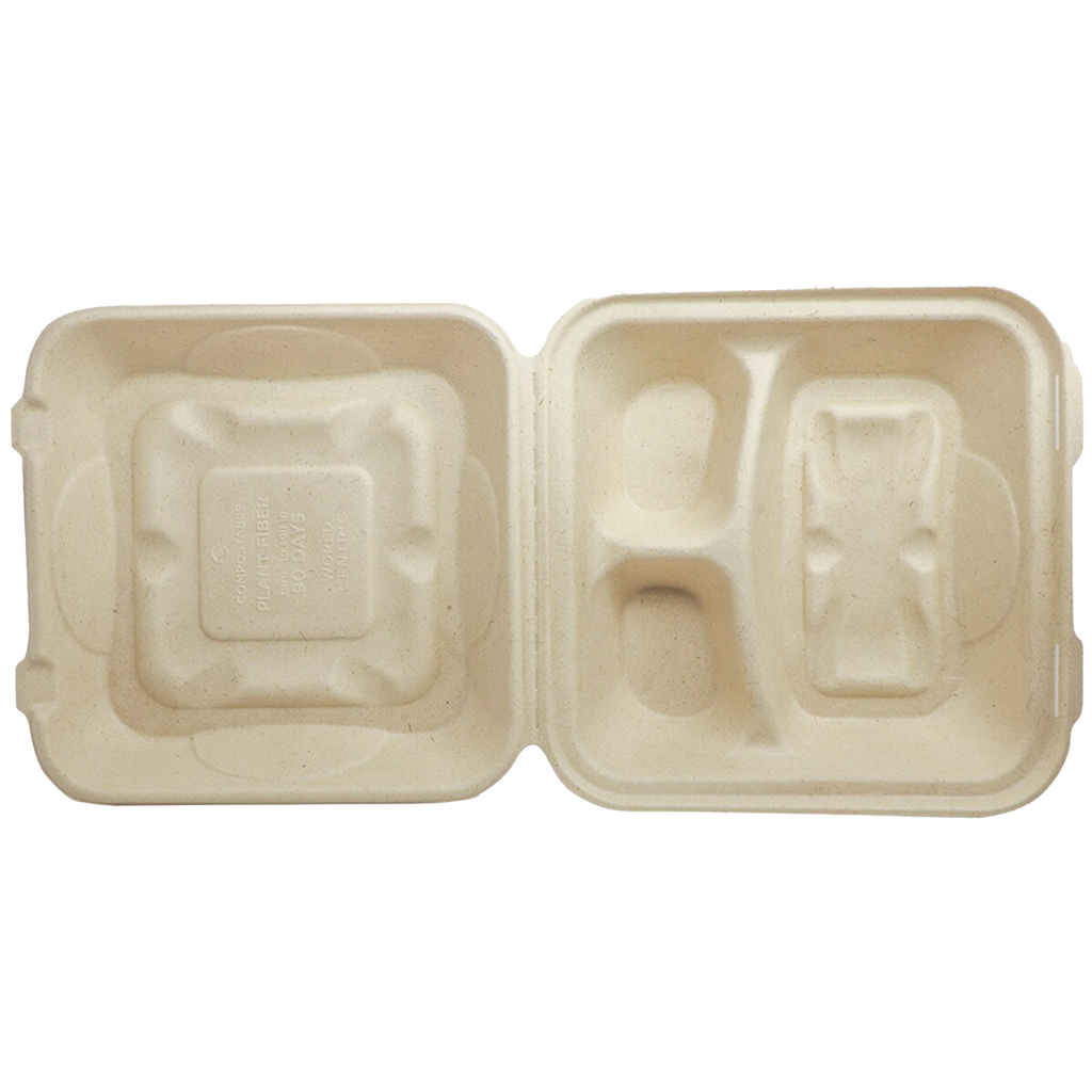 World Centric Compostable Unbleached Plant Fiber 3-Compartment Clamshell Container