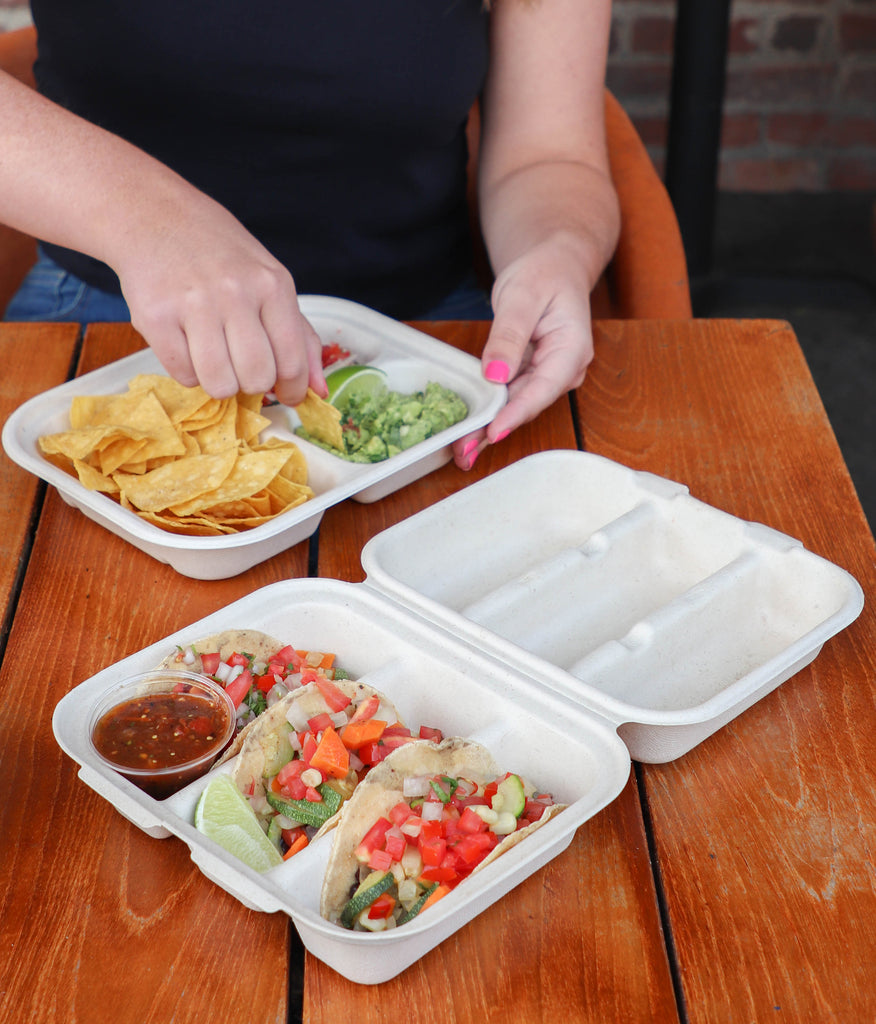World Centric 29 oz Fiber 3 Compartment Container shown as Taco holder